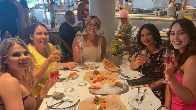 From right to left: Tiana Digiorgi, Vanessa Michael, Kimberley Waters, Brooke Simon and Natalie Dodge celebrate Melbourne Cup Day at the Coogee Pavilion.