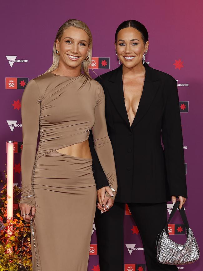 Sophie van de Heuvel and Sophia Cachia arrive during the 2023 AFLW Awards. Photo by Daniel Pockett/Getty Images.