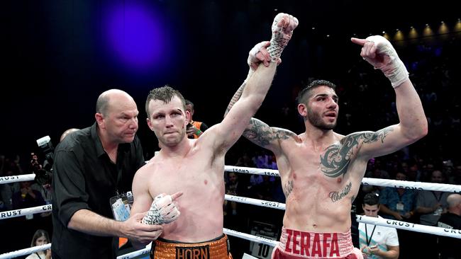 Jeff Horn is congratulated by Michael Zerafa after their middleweight fight. Picture: Getty Images