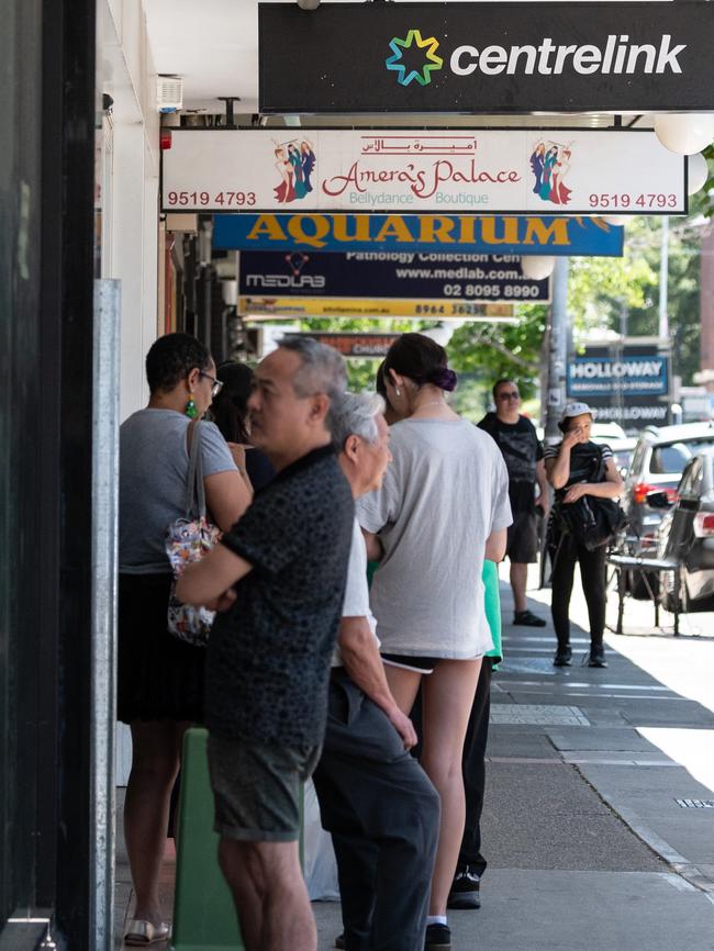 People queue outside a Centrelink office in innerwest Sydney suburb Marrickville. Picture: NCA NewsWire / James Gourley