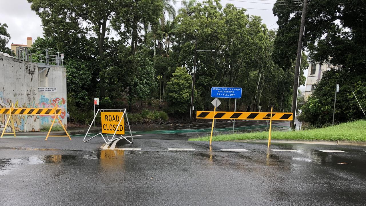 The rowing club car park is closed as the Wilsons River rises.