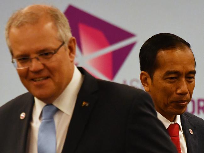 Australia's Prime Minister Scott Morrison and Indonesia's President Joko Widodo at a bilateral meeting during the 2018 ASEAN Summit in Singapore. Picture: AAP