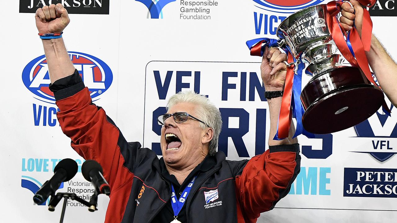 Port Melbourne coach Gary Ayres reacts after winning the VFL Grand Final in 2017. (AAP Image/Julian Smith)