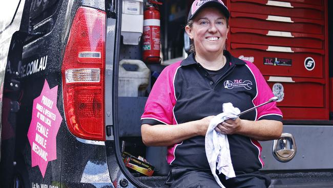 WEEKEND TELEGRAPHS - 14/4/23MUST NOT PUBLISH BEFORE CHECKING WITH PIC EDITOR - Mobile mechanic Melissa Hardwicke pictured working on a car in Marrickville today. Picture: Sam Ruttyn