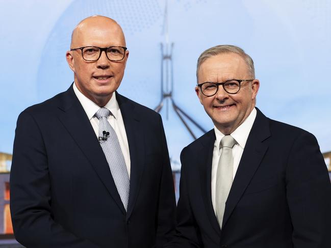 SYDNEY, AUSTRALIA - NewsWire Photos APRIL 22: 2025 Opposition Leader Peter Dutton and Prime Minister Anthony Albanese during the third leaders' debate, The Great Debate hosted by Nine, during the 2025 federal election campaign at the Nine studio in Sydney, NSW, on Tuesday 22 April. Picture: Alex Ellinghausen / POOL/ via NewsWire