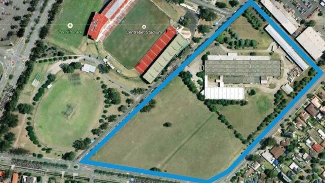 The blue lines mark the site next to Penrith Stadium.