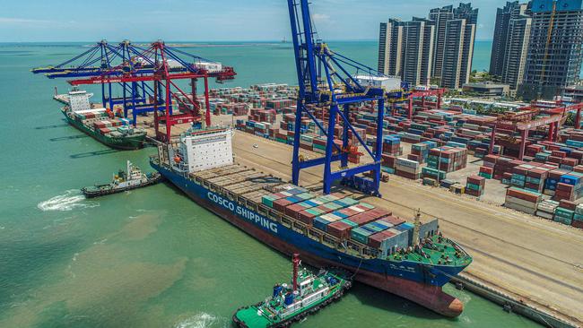 A cargo ship docks at a port in Haikou in China’s southern Hainan province earlier this month. Picture: AFP