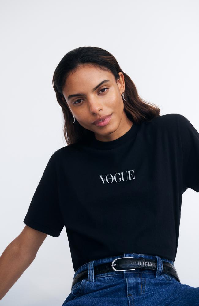 A model wearing Vogue x Bassike's limited edition tee ($120), designed for Vogue American Express Fashion's Night Out. It is available at bassike.com. Picture: Vogue Australia