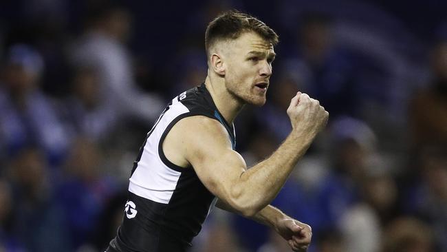 Robbie Gray of the Power celebrates a goal against North Melbourne at Marvel Stadium in 2019. Picture: AAP Image/Daniel Pockett