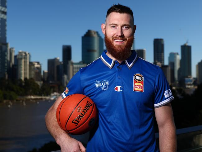 BRISBANE, AUSTRALIA - JULY 29: Aaron Baynes poses after signing with NBL team the Brisbane Bullets on a two year deal, at Kangaroos Point on July 29, 2022 in Brisbane, Australia. (Photo by Chris Hyde/Getty Images)