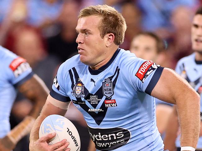 TOWNSVILLE, AUSTRALIA - JUNE 09:  Jake Trbojevic of the Blues runs the ball during game one of the 2021 State of Origin series between the New South Wales Blues and the Queensland Maroons at Queensland Country Bank Stadium on June 09, 2021 in Townsville, Australia. (Photo by Mark Kolbe/Getty Images)