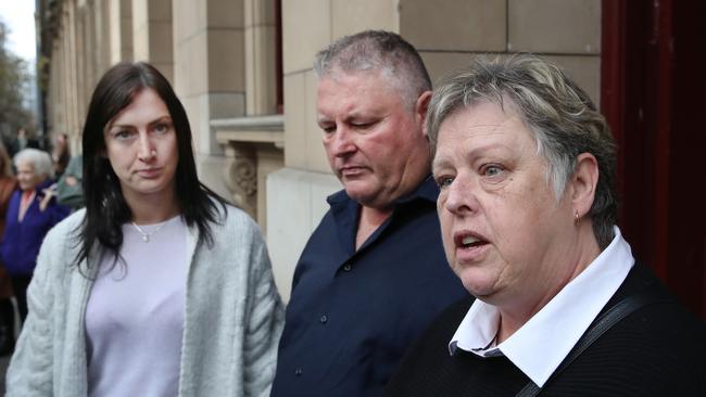 Luke Anthony’s sister Emily Harris, step father Kevin Harris and mother Michelle Harris outside court after the son’s killer was sentenced. Picture: NCA NewsWire