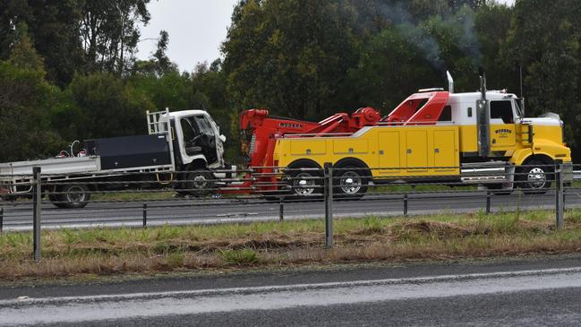 Two men have been taken to hospital after a crash involving two trucks on the Princes Fwy in Hernes Oak, that caused early morning traffic delays. Picture: Jack Colantuono