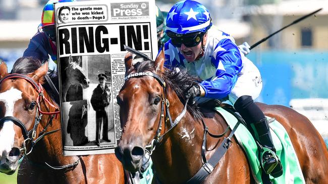 Montana Philpot, pictured (right) riding a winner at the Sunshine Coast recently, is the daughter of jockey Gus Philpot, who rode the ring-in horse Bold Personality in the Fine Cotton scandal back in 1984 (Sunday Press front page inset).