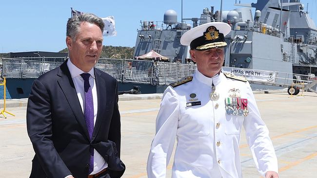 Defence Minister Richard Marles and Chief of Navy Vice-Admiral Mark Hammond at Garden Island in Perth. Picture: Justin Benson-Cooper / The West Australian.