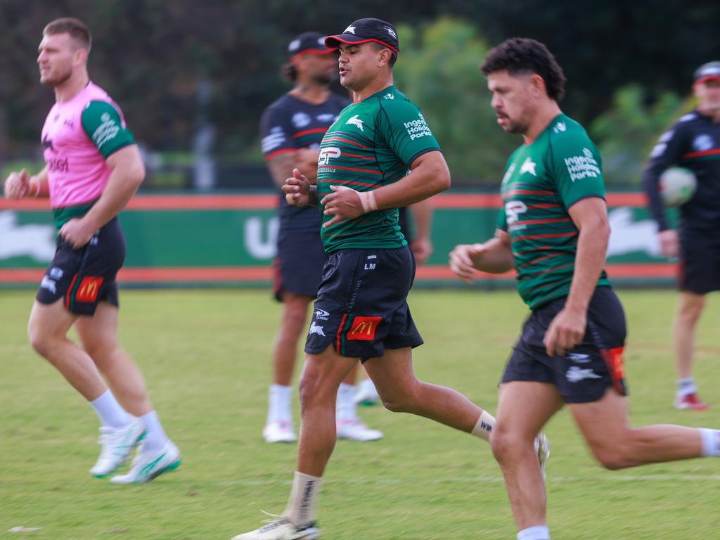 Suspended star Latrell Mitchell training at the USANA Rabbitohs Centre. Picture: Justin Lloyd