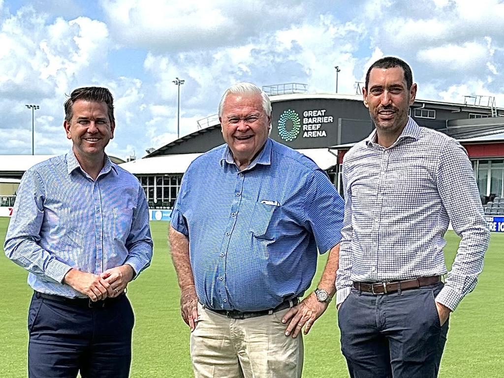 Jarrod Bleijie, Terry Doolan, and Adrian Young at Great Barrier Reef Arena. Opposition minister for Olympic and Paralympic infrastructure and jobs Bleijie was given a tour of the facility. Picture: Harrup Park Facebook