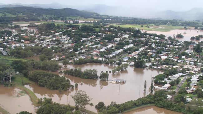 An aerial view of Murwillumbah Brothers Leagues Club after the 2022 floods. The flood pump will be built beside the levee, seen above the floodwater at the bottom left of the photo. Picture: Supplied.