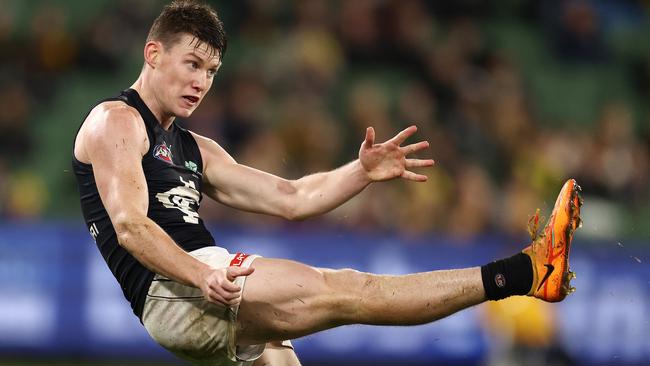 Sam Walsh is on track to return from his back injury in time for Thursday night’s Gather Round opener against Adelaide. Picture: Michael Klein
