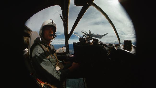 Tim Page’s fish-eye lens view of a skyraider air pilot out of the 2nd Corps, Pleiku. Picture: Getty Images