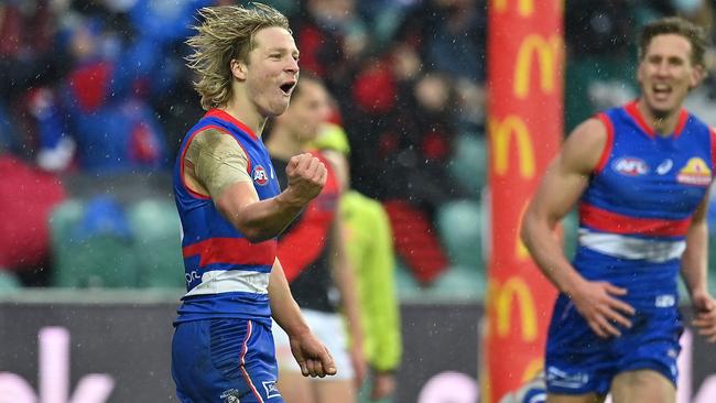 Cody Weightman enjoys one of his four goals against Essendon.