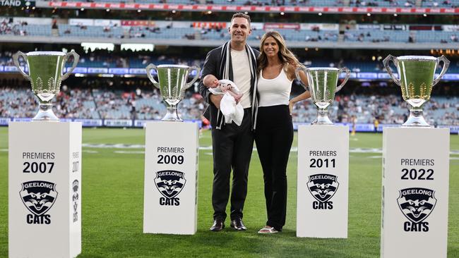 Joel, Brit and Joey pose with Selwood’s remiership cups. Picture: Michael Klein