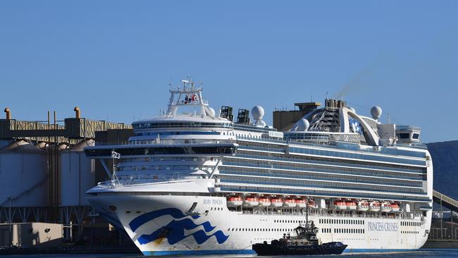 The Ruby Princess, with crew only on-board, docks at Port Kembla, Wollongong. Picture: AAP