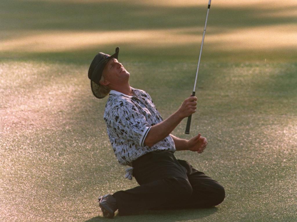 Norman after missing a shot in one of his heartbreaking Masters losses, in 1996. Picture: Stephen Munday/ALLSPORT