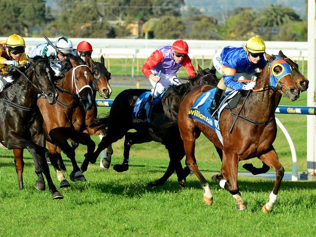 Jamie Kah and Riziz combine to upset the more fancied Alpine Eagle (far left) on Saturday. Picture: Mark Brake