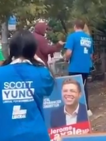 Footage has emerged online of the shocking incident, showing a man allegedly throwing Liberal campaign material about, screaming and confronting volunteers. Picture: Supplied.