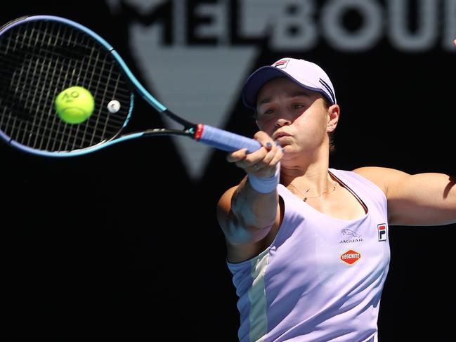 Australian Open tennis. 17/02/2021. Day 10.. Ash Barty vs Karolina Muchova on Rod Laver Arena.    Ash Barty forehand  . Pic: Michael Klein