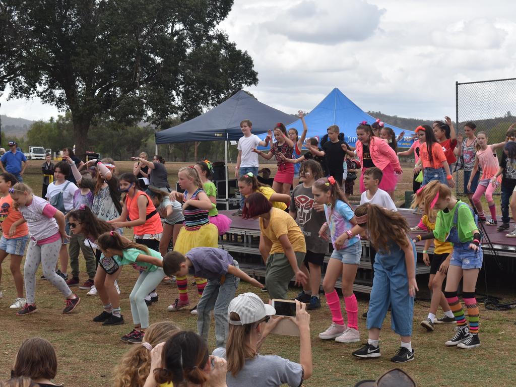 Grade 5 and 6 students braved the risk of rain to perform a dance routine to 'Footloose'