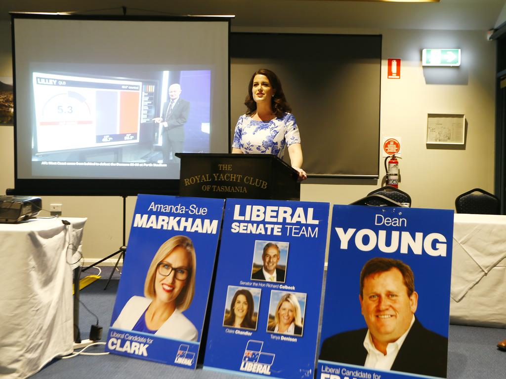 Tasmanian Liberals gathered at the Royal Yacht Club of Tasmania, Sandy Bay to watch the Federal election results. (L-R) Claire Chandler is likely to be elevated to Senator. Picture: MATT THOMPSON