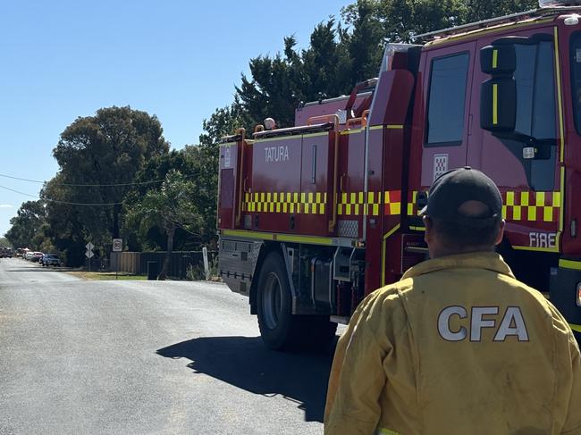 Emergency services respond to a fire involving a pile of cars in Kyabram. Picture: Abby Walter