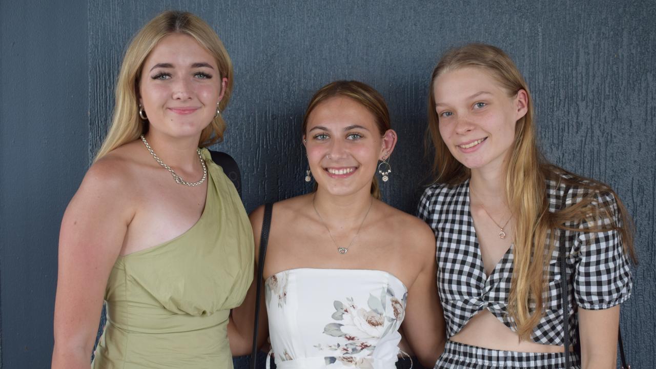 Stevie Finger, Lana Turner and Kelsey Mann at the St Patrick’s Day races in Rockhampton on March 12, 2022. Picture: Aden Stokes