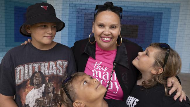 Comedian Kalah Lovegrove with her kids RJ, 13, Jona, 7, and Ava, 9. Picture: Brett Hartwig