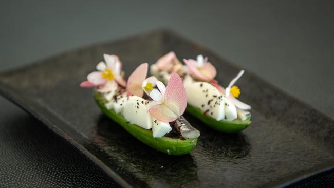 Cucumber with gribiche and white anchovy. Picture: Brad Fleet