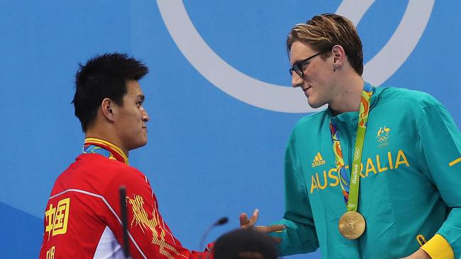 Australia's Mack Horton shakes hands with Sun Yang after he wins Gold medal in the Mens 400m Final. Picture. Phil Hillyard