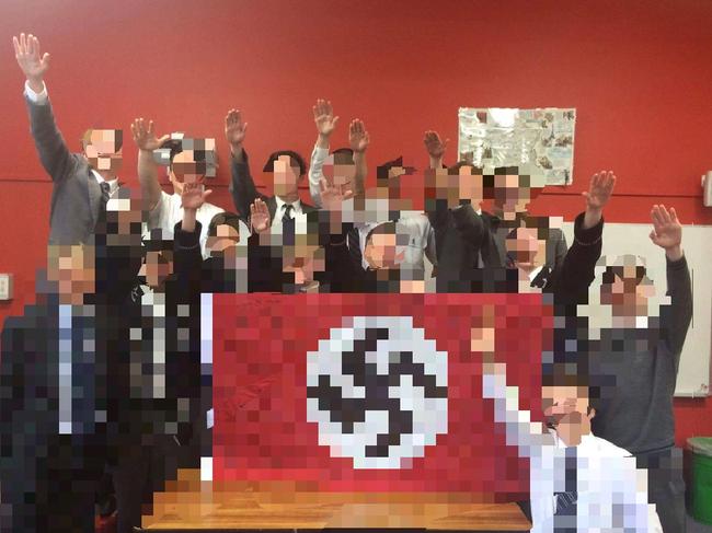 A picture obtained by The Daily Telegraph showing year 12 students at Shore Grammar posing with a Nazi flag. The image was taken of a group of year 12 2016 graduates in their final lessons in term 3 last year.