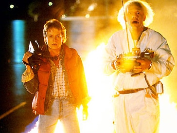 Back to the Brighton ... Michael J Fox (left) as Marty McFly and Christopher Lloyd as Doc in 1985 blockbuster Back To The Future.