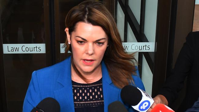 Greens Senator Sarah Hanson-Young speaks to the media as leaves the Federal Court in Sydney, Monday, April 29, 2019. Senator Hanson-Young is suing former Liberal Democrats Senator David Leyonhjelm for defamation over comments he made about her during interviews he gave between June 28 and July 2, last year. (AAP Image/Dean Lewins) NO ARCHIVING