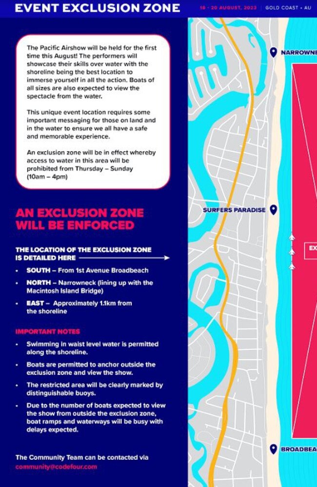 Details of the Pacific Airshow exclusion zone.