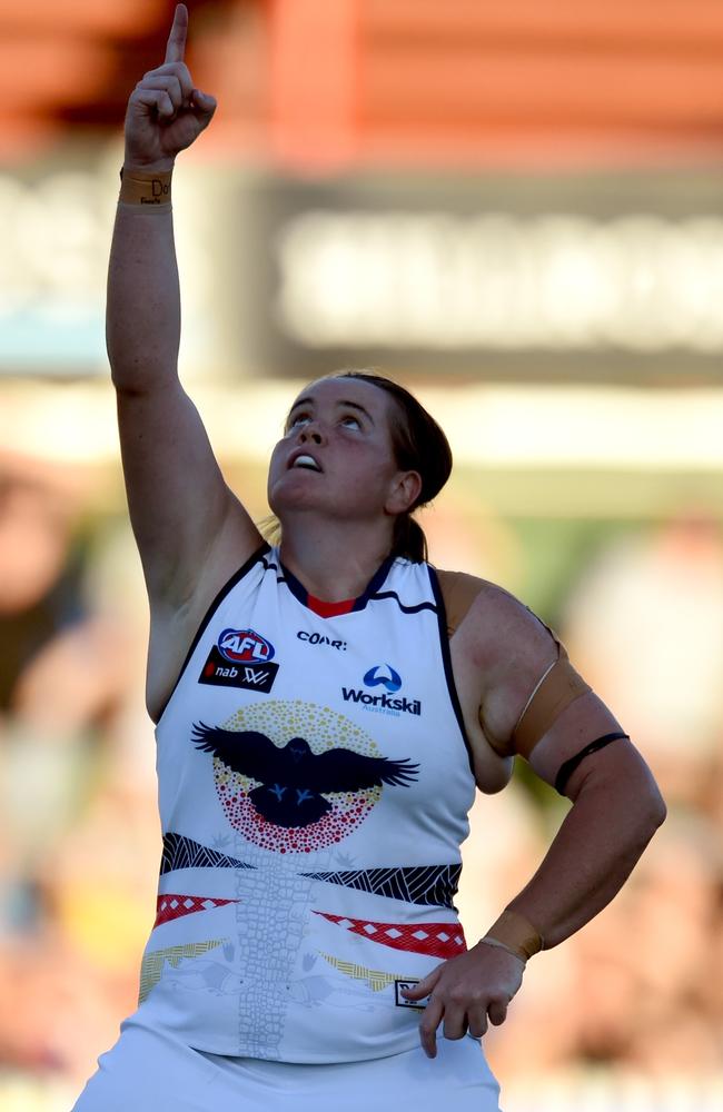 Adelaide's Sarah Perkins celebrates a goal. Picture: Sam Wundke