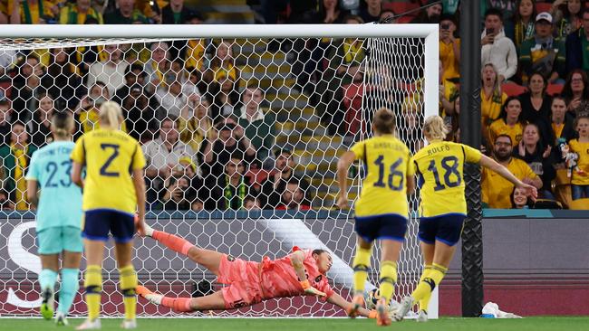 Fridolina Rolfo, first on the right, of Sweden converts the penalty to score her team's first goal. Picture: Cameron Spencer/Getty Images