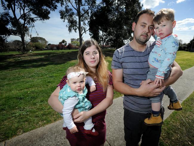 Michael Pawelek, wife Sarah and kids Ollie, 2, and Merle, 10 months, in Hampton Park. Picture: Andrew Henshaw