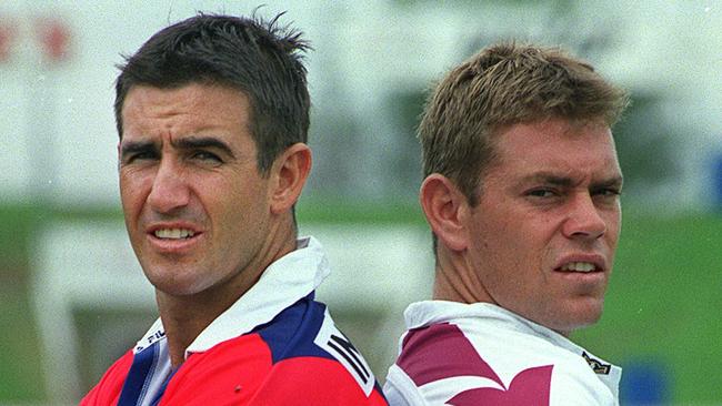 FEBRUARY 14, 2001 : Newcastle Knight NRL player Andrew Johns (L) & Northern Eagles rival Brett Kimmorley at Newcastle Marathon Stadium 14/02/01. Pic Steve Tickner.Rugby League