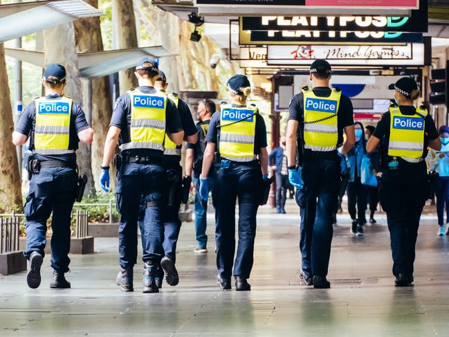 Police patrol the streets of Melbourne at the start of a 'circuit breaker' Covid lockdown imposed suddenly by the Victorian government. Picture: Getty