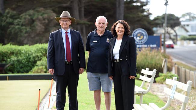 Veteran's hub announcement. Shayne Neumann MP, Libby Coker and Bob Tyler Torquay RSL Sub Branch President.