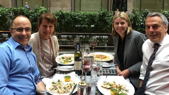 Patrick Power's mother Renee Power (on left) with Power Health Solutions staff Dr Pierre Cagne, Amanda Anderson and Serge Boulard who took her out for lunch in Montreal as a thank you for her part in securing the company a $44 million health contract. Picture: Patrick Power