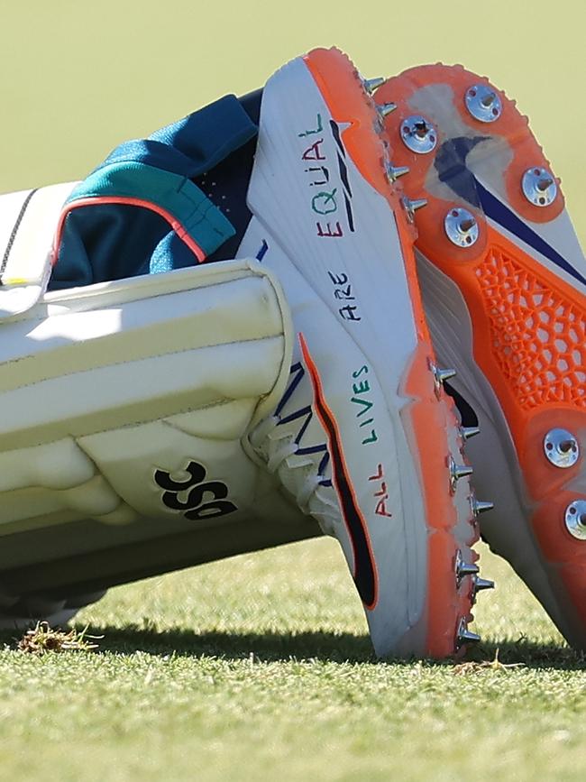 The shoes of Usman Khawaja during an Australian nets session at the WACA on December 11, 2023, in Perth. Picture: Getty Images.